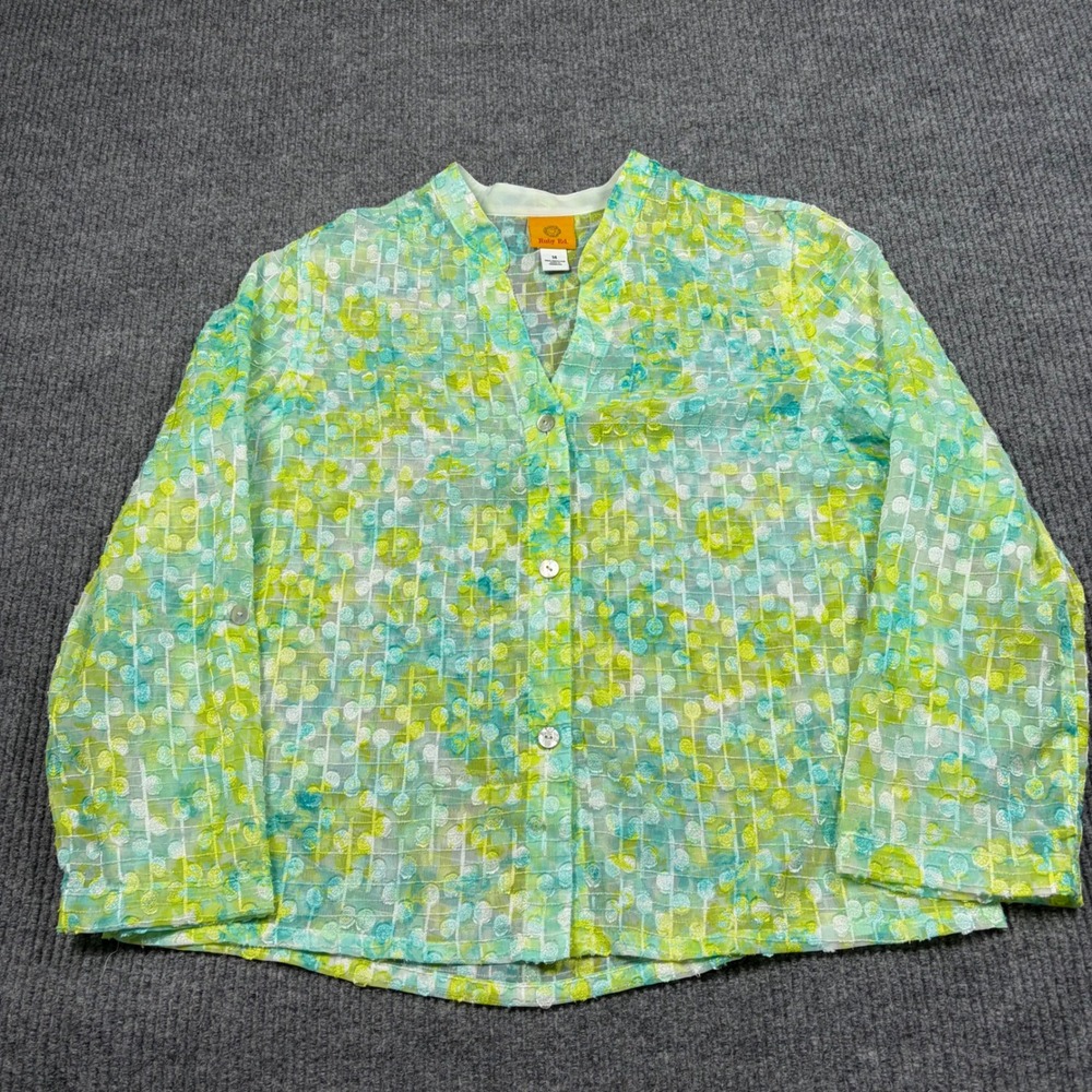 Ruby Rd Blouse Womens 14 Green Blue Floral Sheer Button Front Roll Tab Sleeve